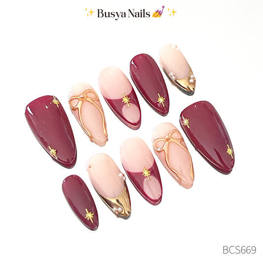 Busya Nails - Burgundy Coquette Sparkles Pressed On Nails Kuku Palsu Free Tools
