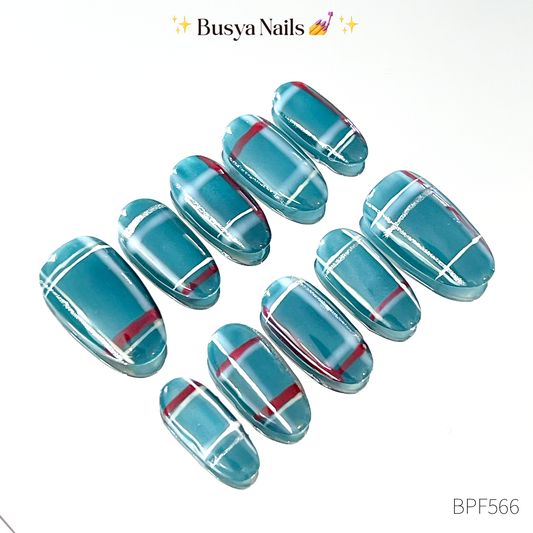 Busya Nails - Blue Cat Eye Plaid Flannel Holiday Pressed On Nails Kuku Palsu Free Toolkit