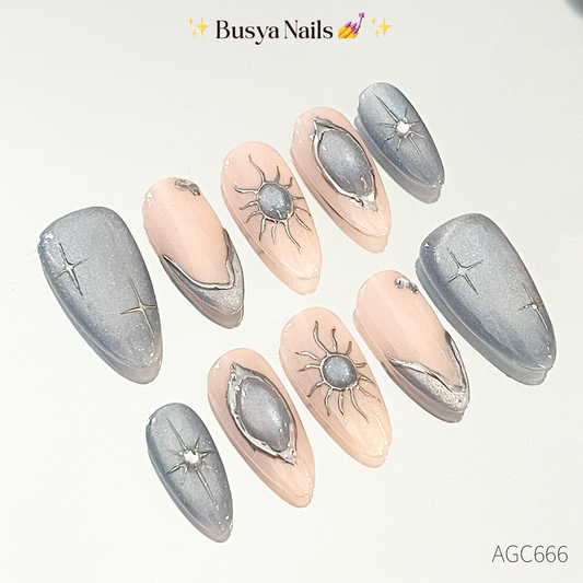 Busya Nails - Astronome Glass Cat Eye Blue Pressed On Nails Kuku Palsu Free Tools