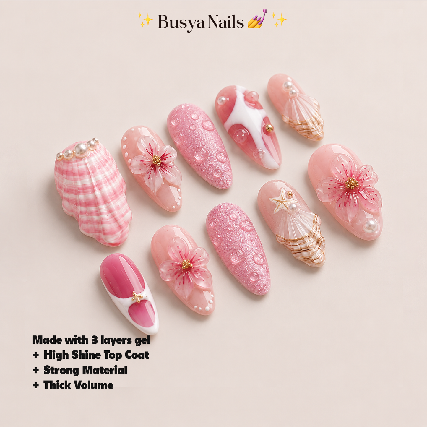 Salin Busya Nails - Pink Beach Summer 3D Pressed On Nails Kuku Palsu Free Tools