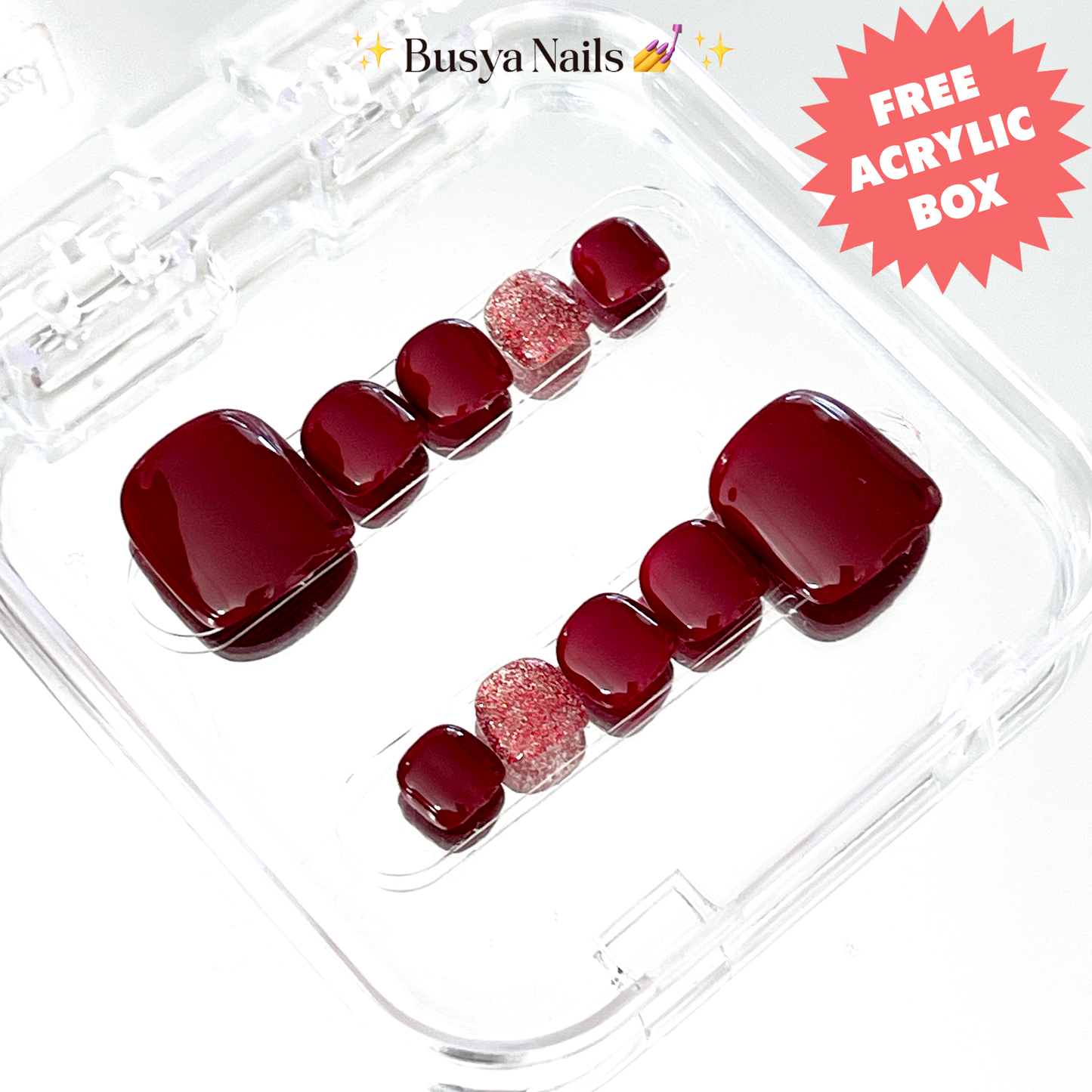 Busya Nails - Red on Red Glitter Toe Nails Pressed On Nails Gel Free Toolkit Kuku Palsu