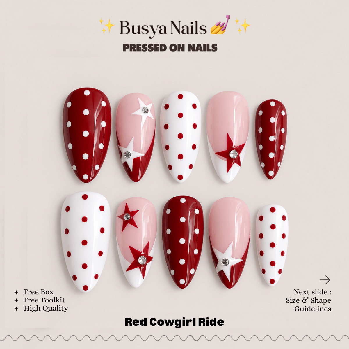 Busya Nails - Red Cowgirl Ride Pressed On Nails Kuku Palsu Free Tools