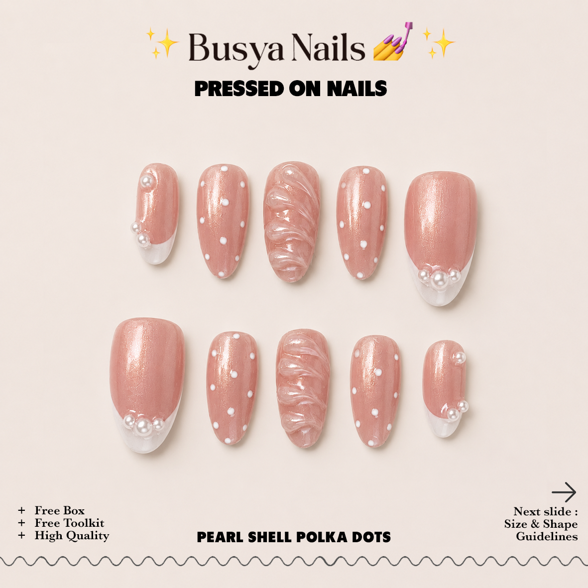 Busya Nails - Pearl Shell Polka Dots Pressed On Nails Kuku Palsu Free Tools