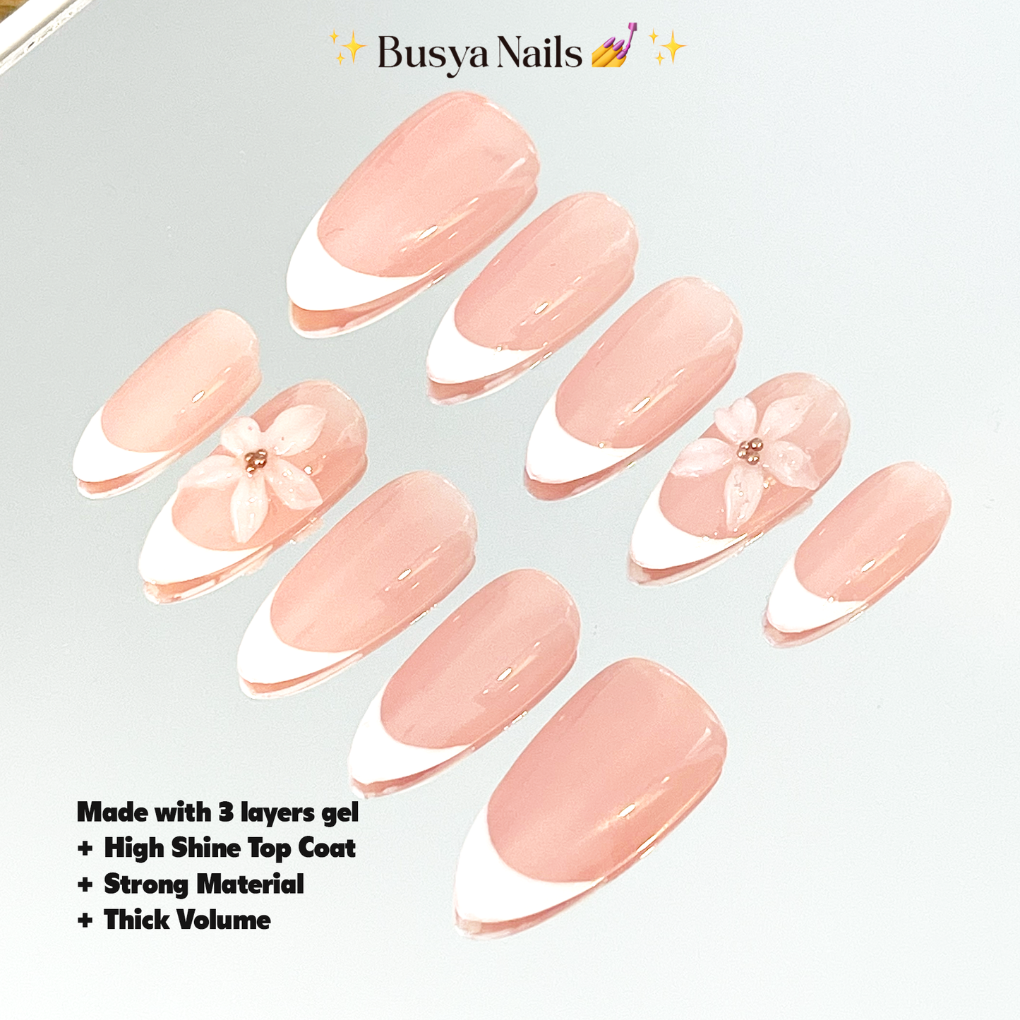 Busya Nails - 3D French White Lily 2 Pressed On Nails Kuku Palsu Free Tools