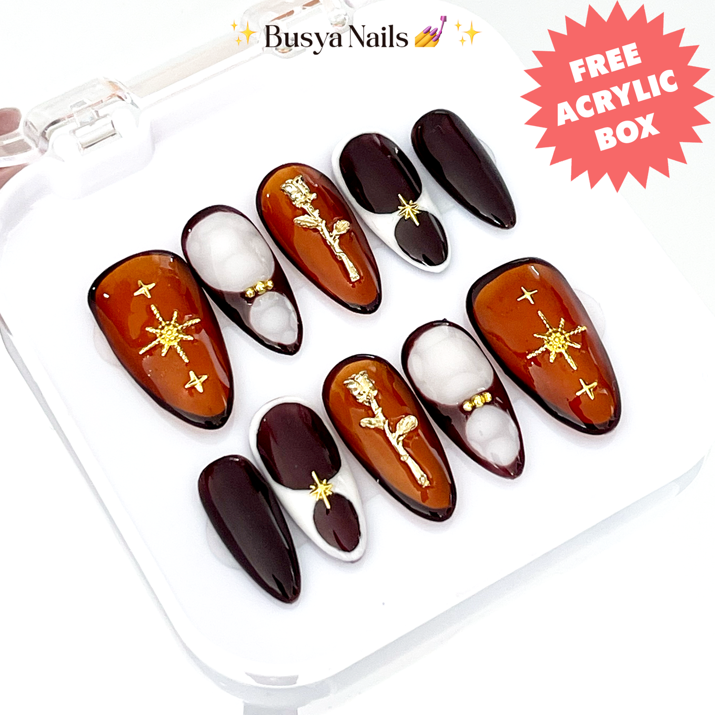 Busya Nails - Rosalia Y2K Tortoise Gold Rose Charm Pressed On Nails Gel Free Toolkit
