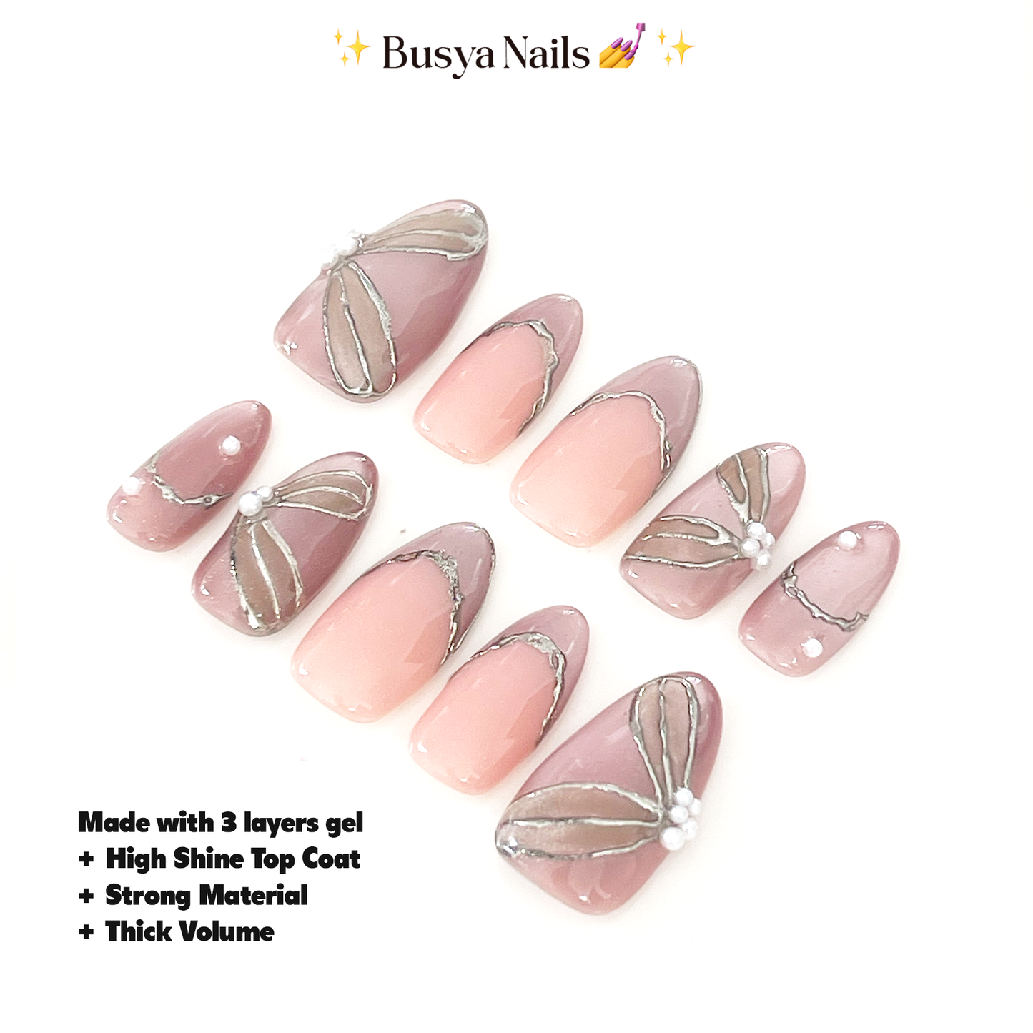 Busya Nails - Satin Dress Wedding Nails Pressed On Kuku Palsu Free Lem Tools