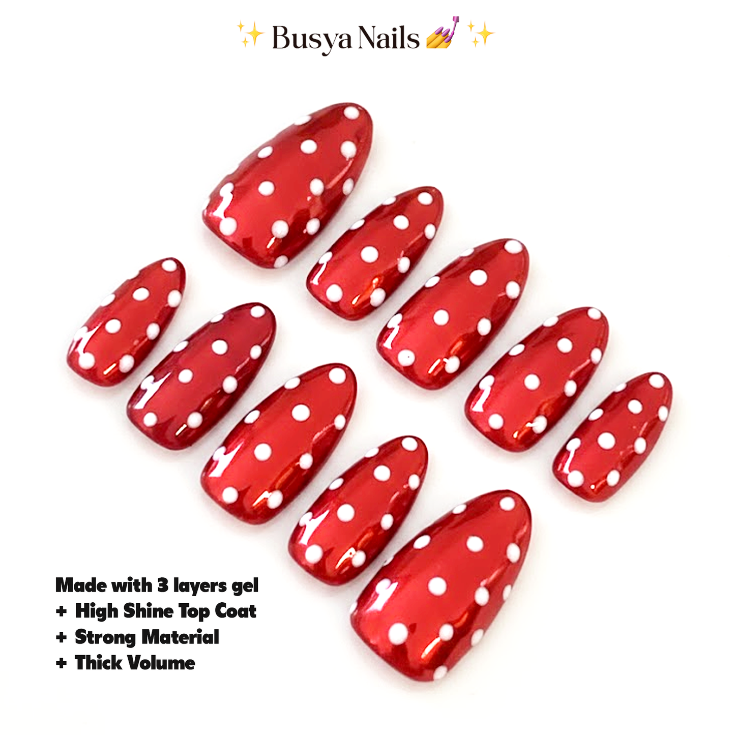 Busya Nails - Red Chrome Polka Dots Pressed On Nails Kuku Palsu Free Lem Tools