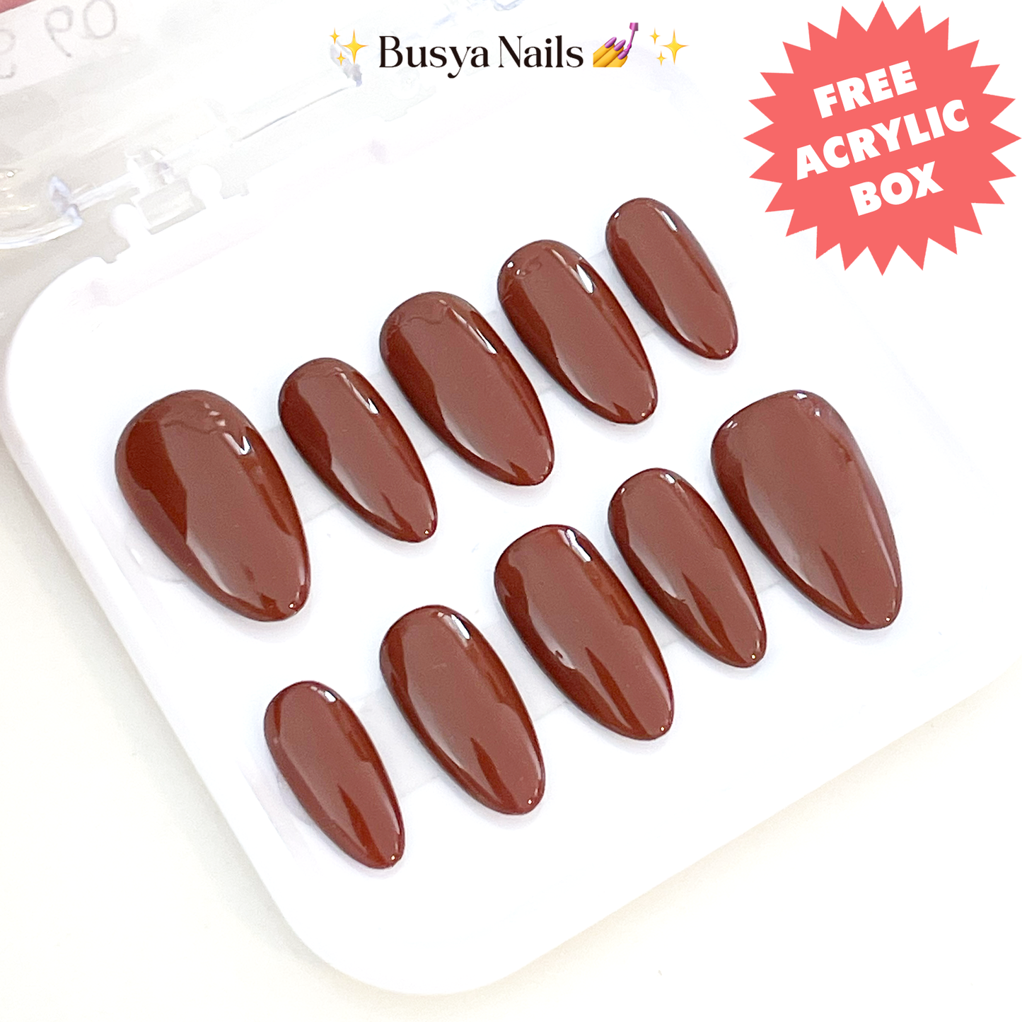 Busya Nails - Chestnut 60 Brown Pressed On Nails Kuku Palsu Free Lem Tools