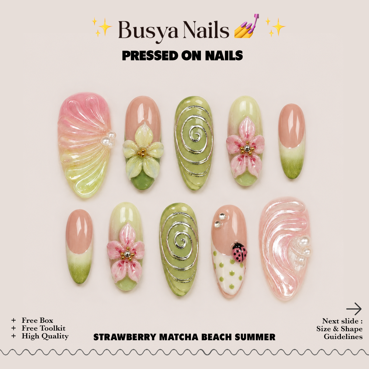 Busya Nails - Strawberry Matcha Beach Summer Pressed On Nails Kuku Palsu Free Tools