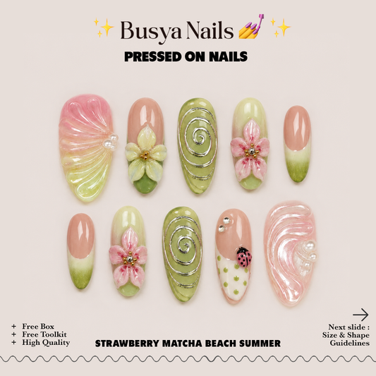 Busya Nails - Strawberry Matcha Beach Summer Pressed On Nails Kuku Palsu Free Tools