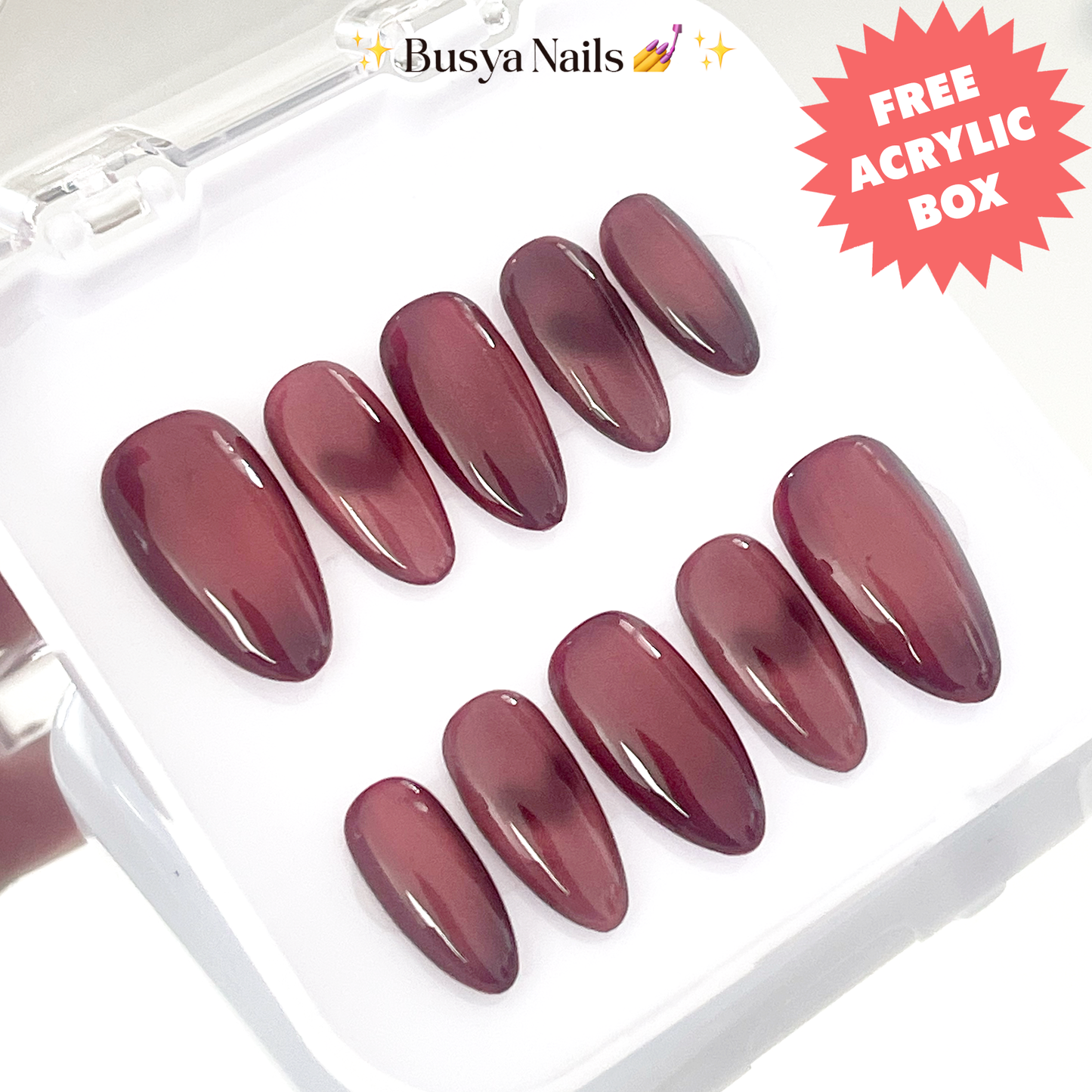 Busya Nails - Maroon Cat Eye Love W3 Pressed On Nails Kuku Palsu Free Lem Tools