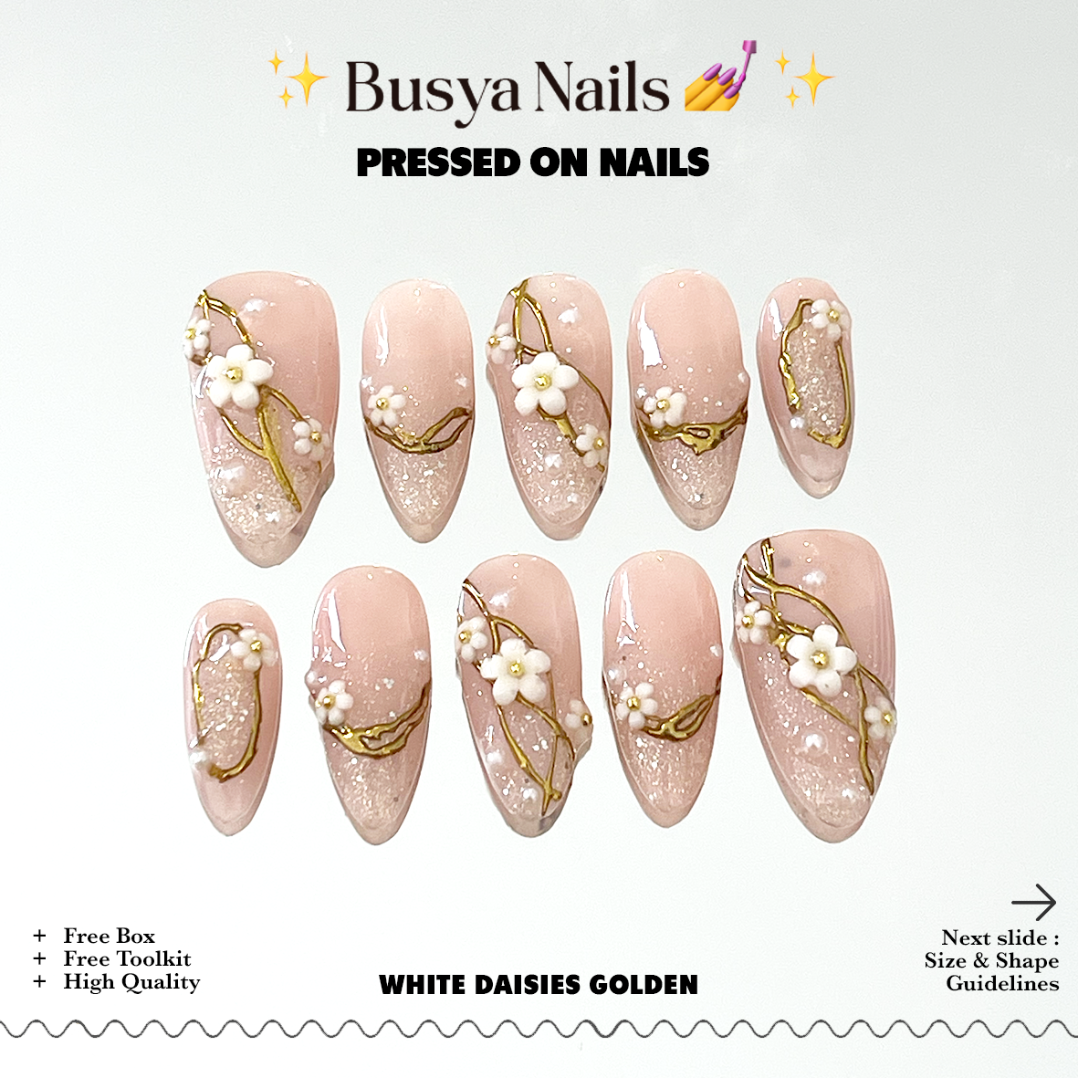 Busya Nails - White Daisies Golden Pressed On Nails Kuku Palsu Free Tools