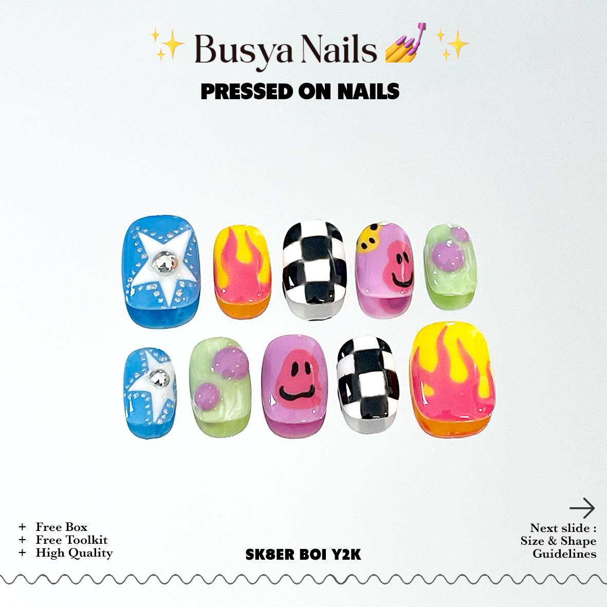 Busya Nails - Sk8er Boi Y2K Men Pressed On Nails Kuku Palsu Free Tools