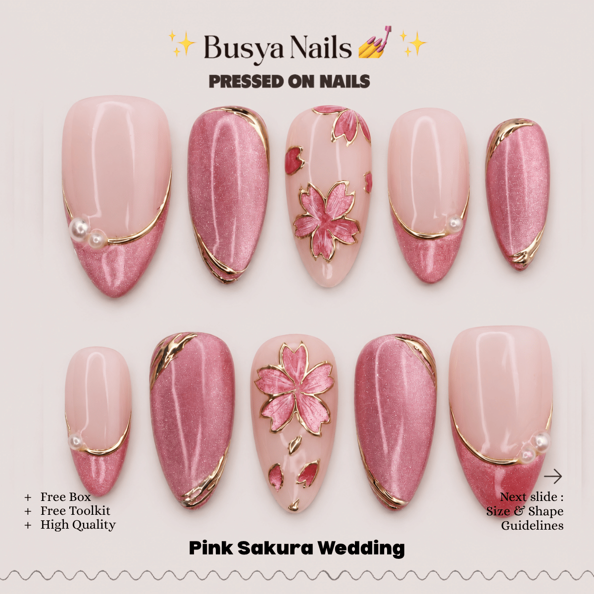 Busya Nails - Pink Sakura Wedding Pressed On Nails Kuku Palsu Free Tools