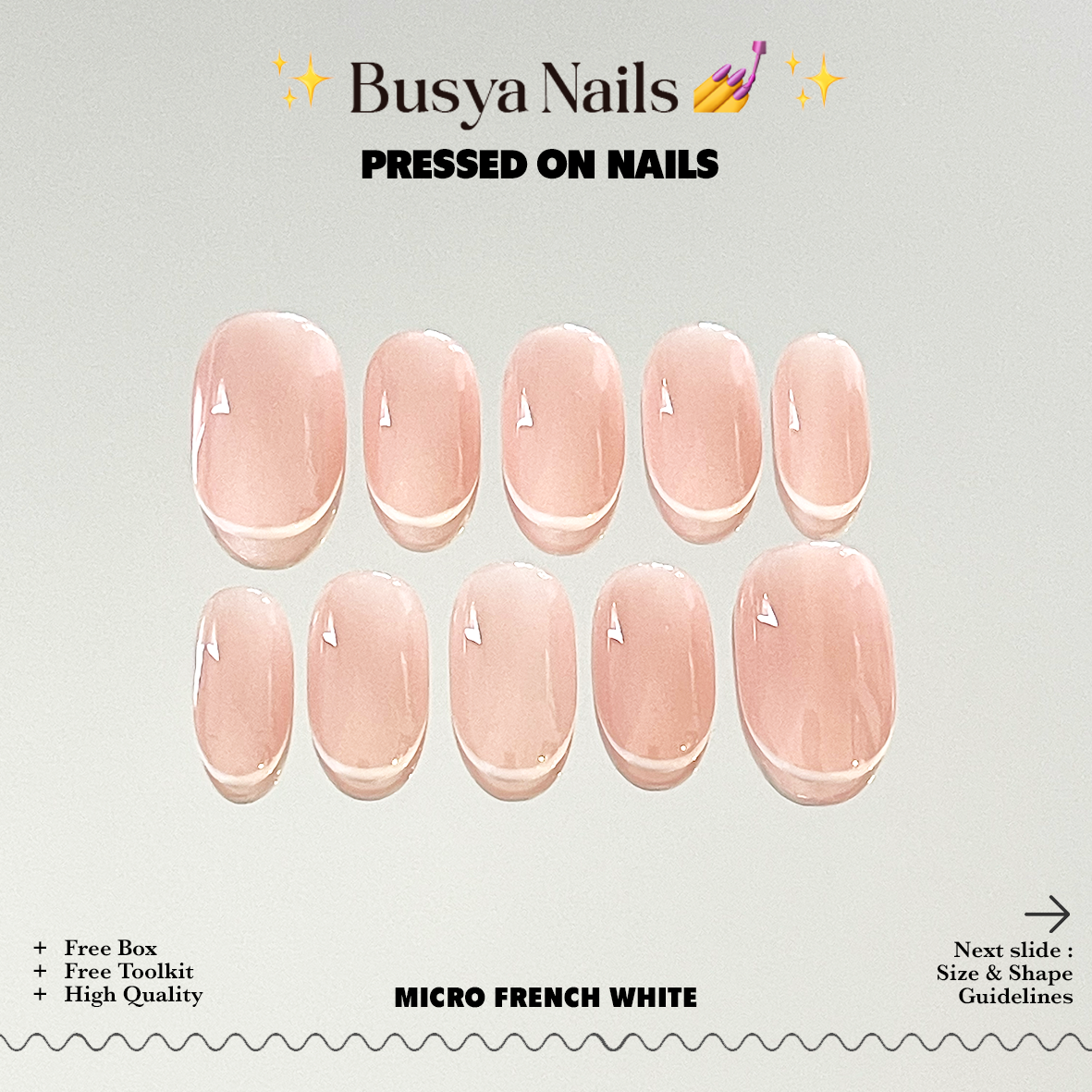 Micro French White Busya Nails 10 pcs Pressed On Nails Free Tools