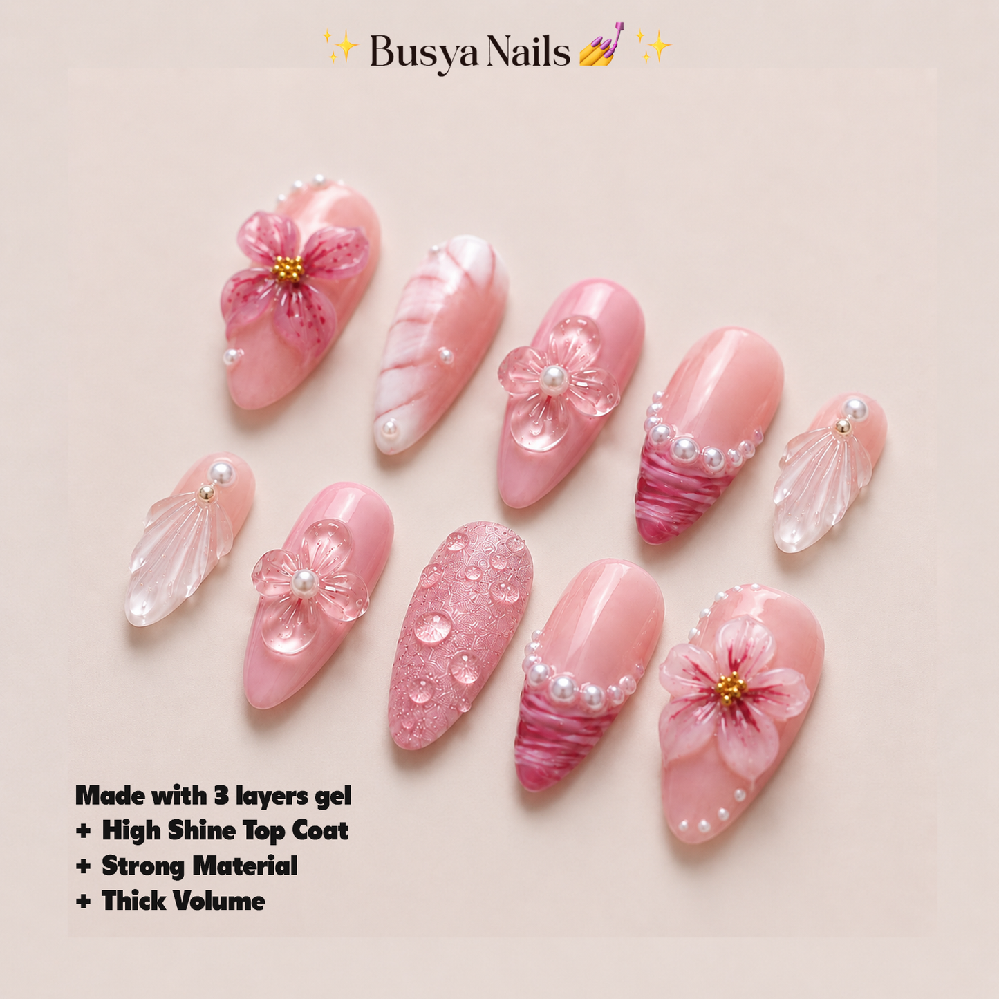 Busya Nails - Pink Beach Summer 2 3D Pressed On Nails Kuku Palsu Free Tools