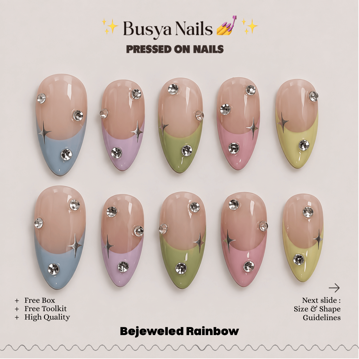 Busya Nails - Bejeweled Rainbow Pressed On Nails Kuku Palsu Free Tools