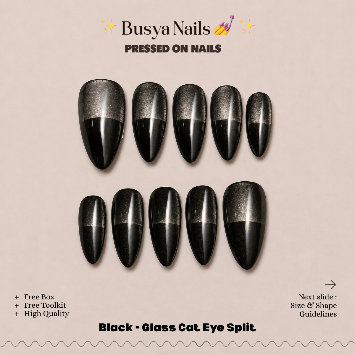 Busya Nails - Black - Glass Cat Eye Split Pressed On Nails Kuku Palsu Free Tools