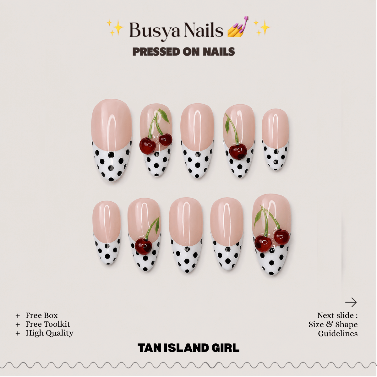Busya Nails - Red Cherry Polka Dots 3D Pressed On Nails Kuku Palsu Free Tools