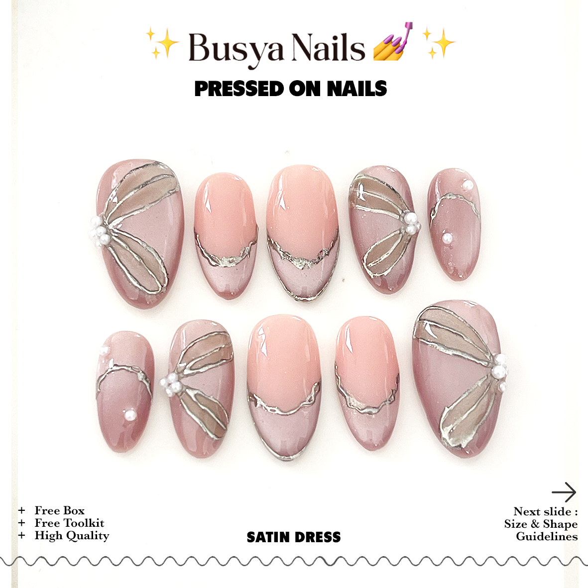 Busya Nails - Satin Dress Wedding Nails Pressed On Kuku Palsu Free Lem Tools