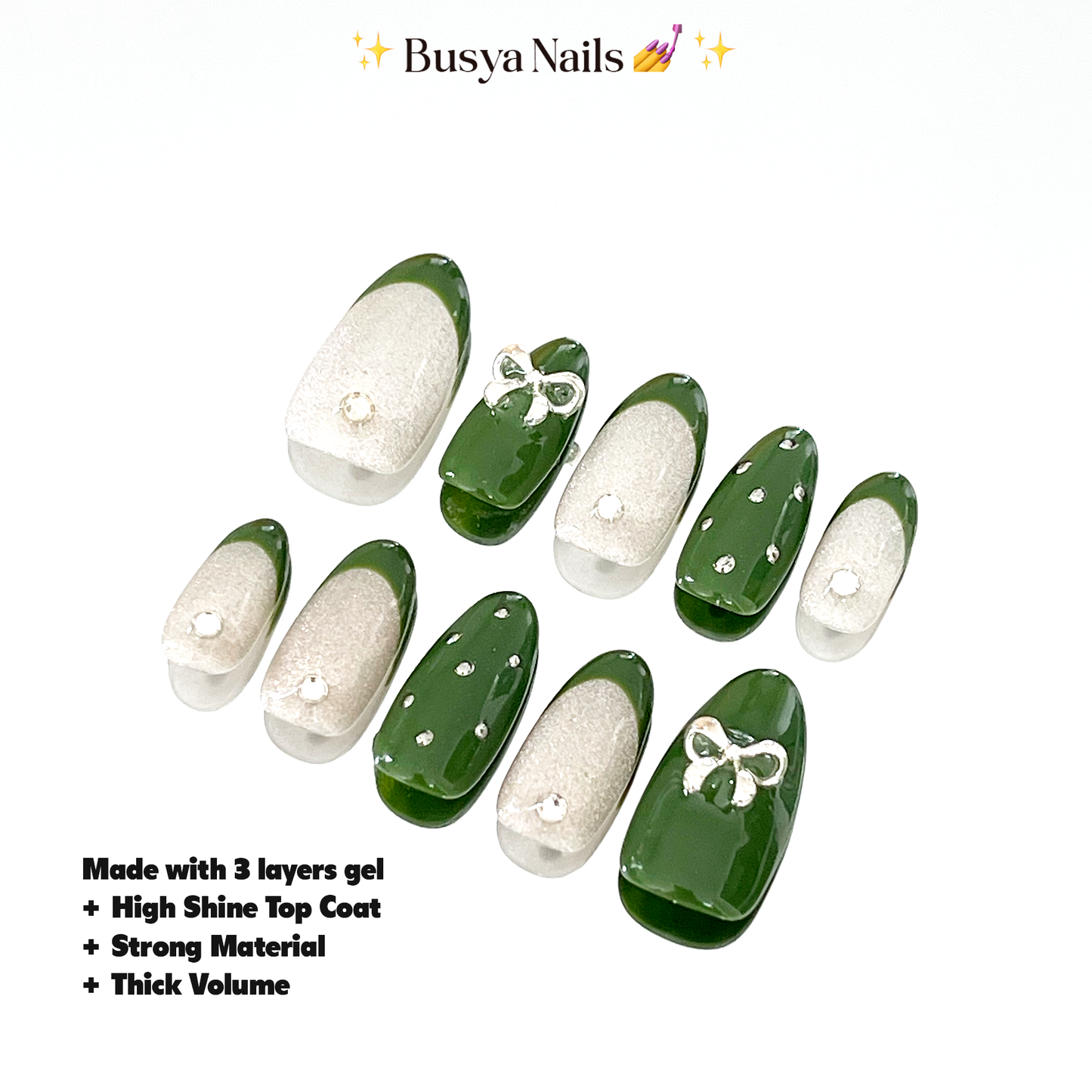 Busya Nails - Green Bow Cat Eye Silver Nails Pressed On Nails Putih Nude Kuku Palsu