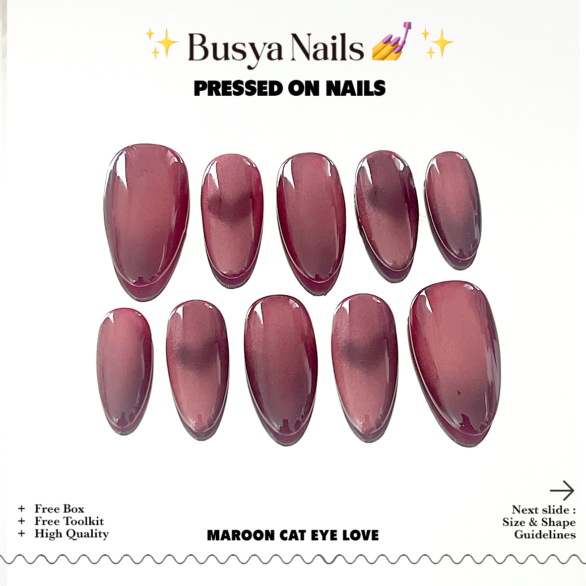 Busya Nails - Maroon Cat Eye Love W3 Pressed On Nails Kuku Palsu Free Lem Tools