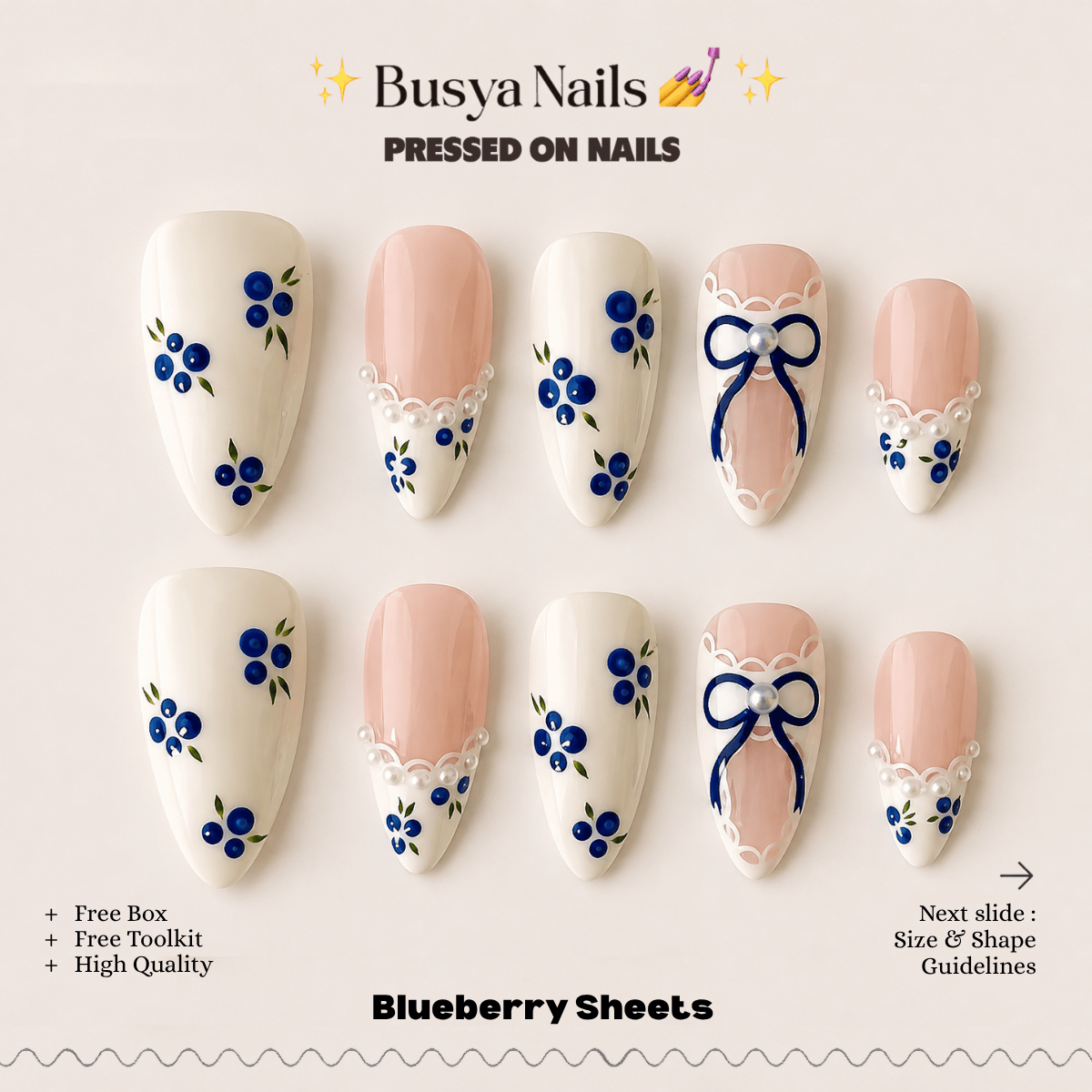 Busya Nails - Blueberry Sheets Pressed On Nails Kuku Palsu Free Tools