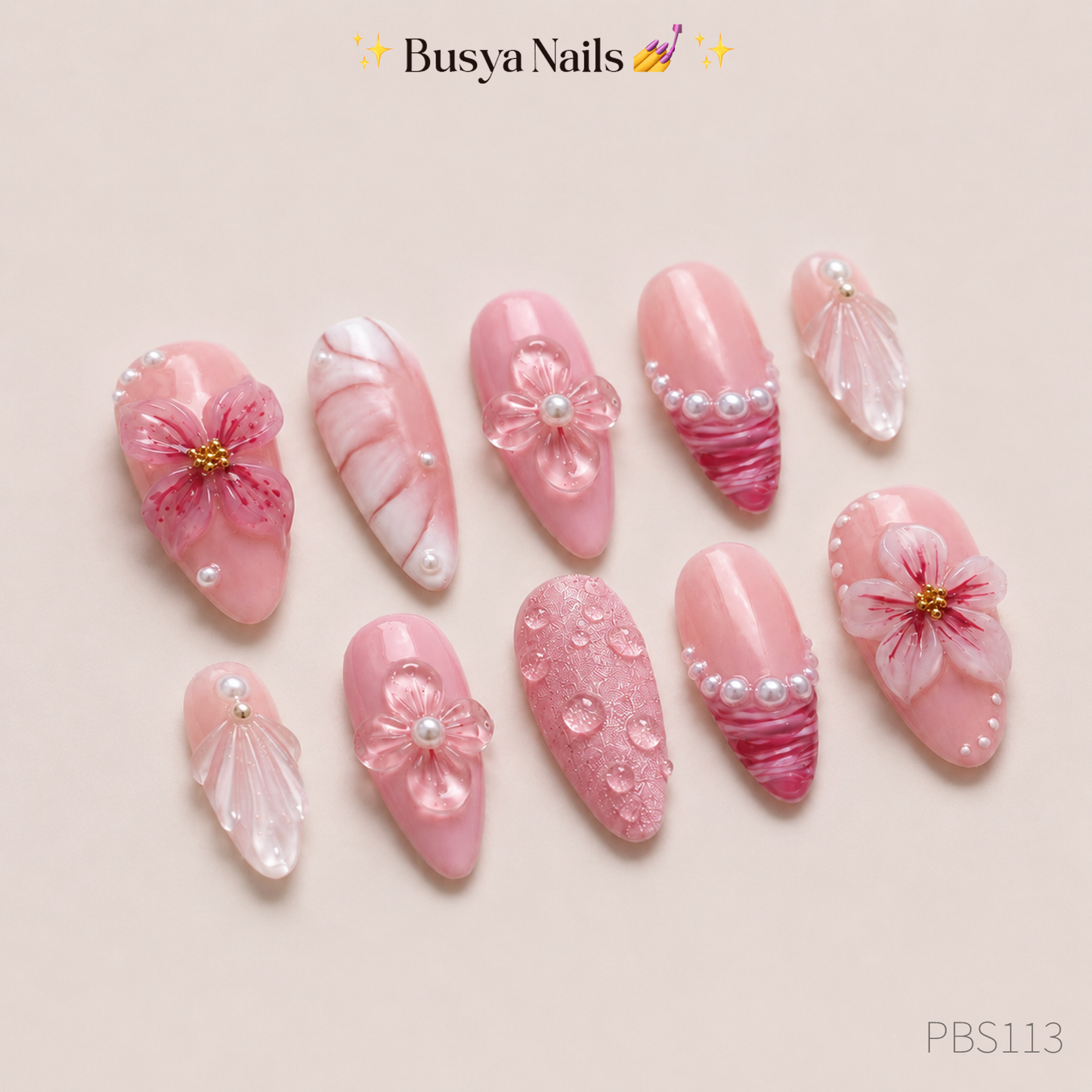 Busya Nails - Pink Beach Summer 2 3D Pressed On Nails Kuku Palsu Free Tools