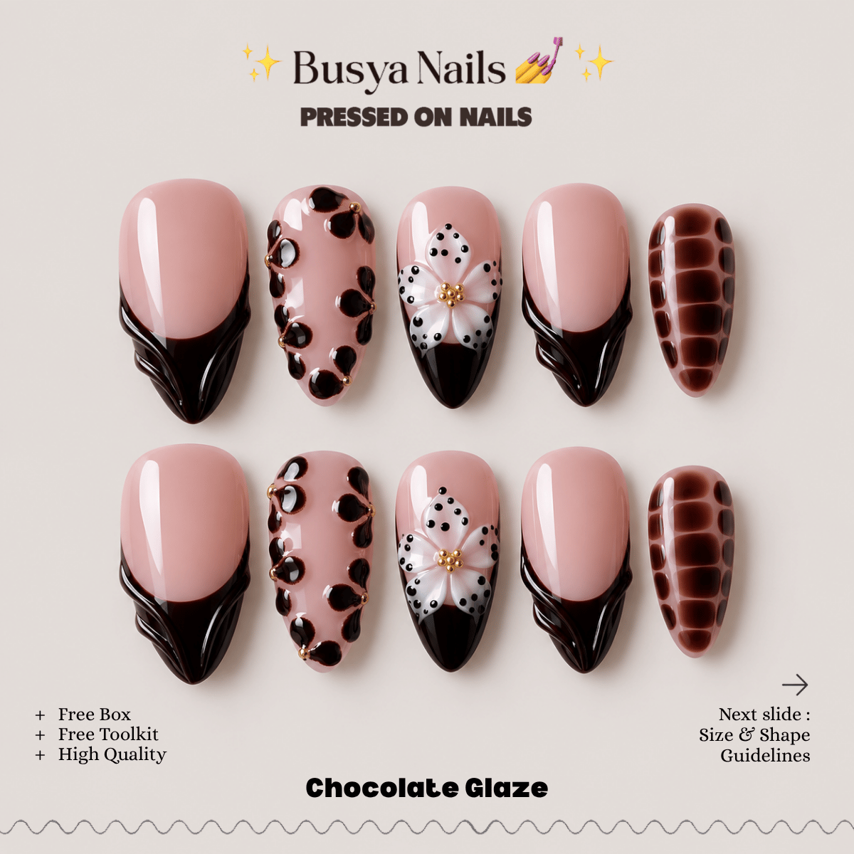 Busya Nails - Chocolate Glaze Pressed On Nails Kuku Palsu Free Tools