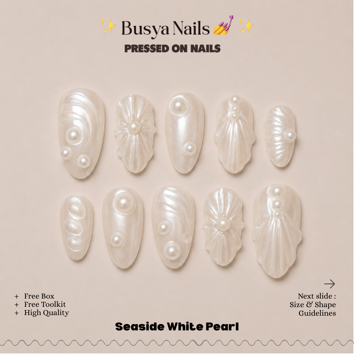 Busya Nails - Seaside White Pearl Pressed On Nails Kuku Palsu Free Tools