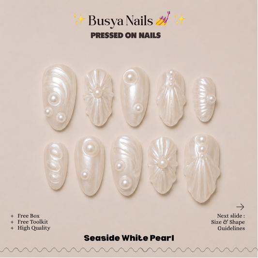 Busya Nails - Seaside White Pearl Pressed On Nails Kuku Palsu Free Tools