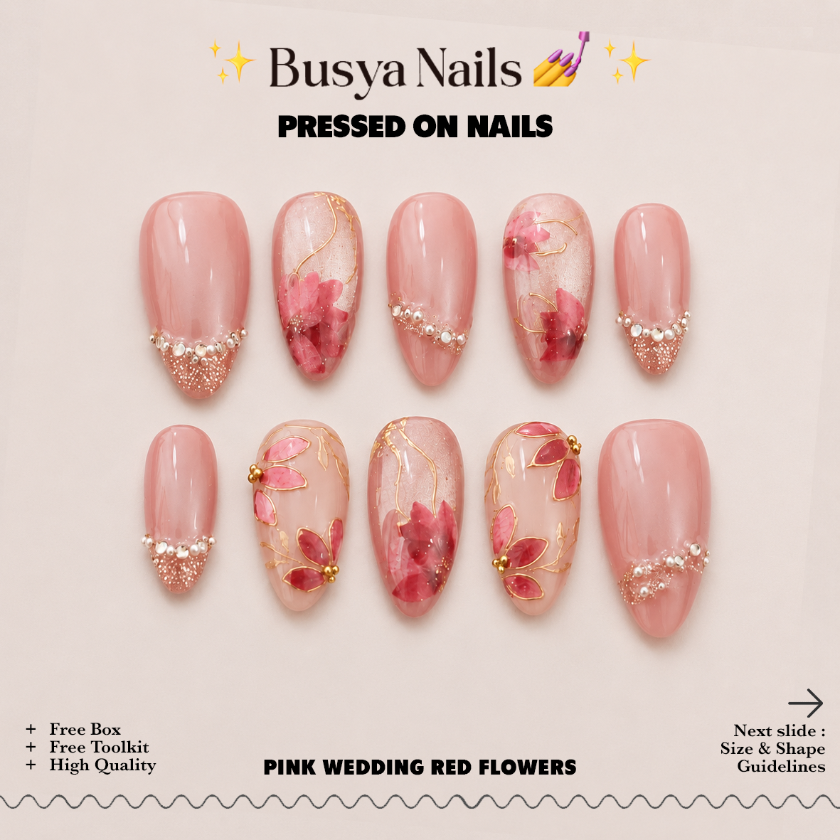 Busya Nails - Pink Wedding Red Flower Pressed On Nails Kuku Palsu Free Tools