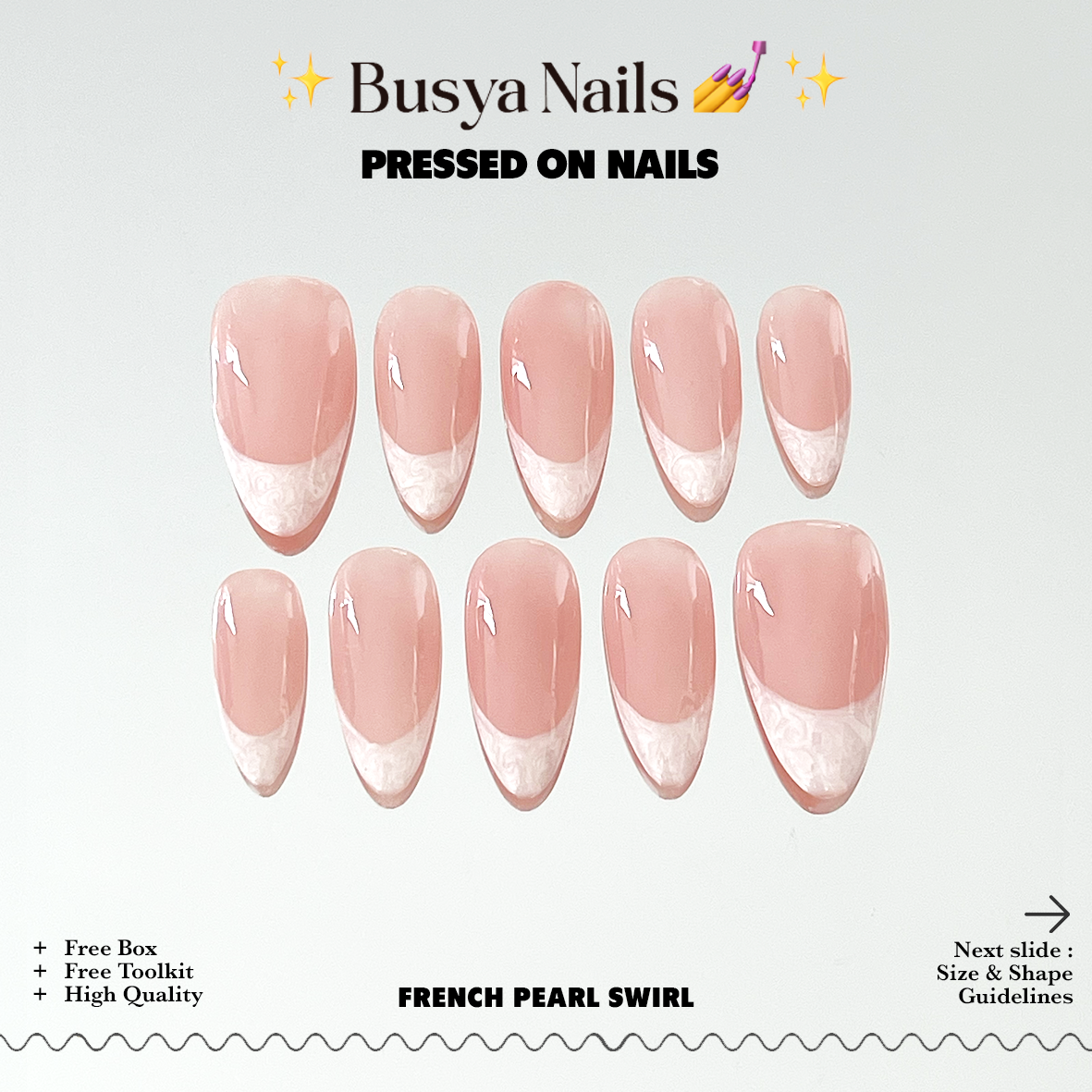 Busya Nails - French White Pearl Swirl Seashell Wedding Nails Pressed On Nails Putih Nude Kuku Palsu