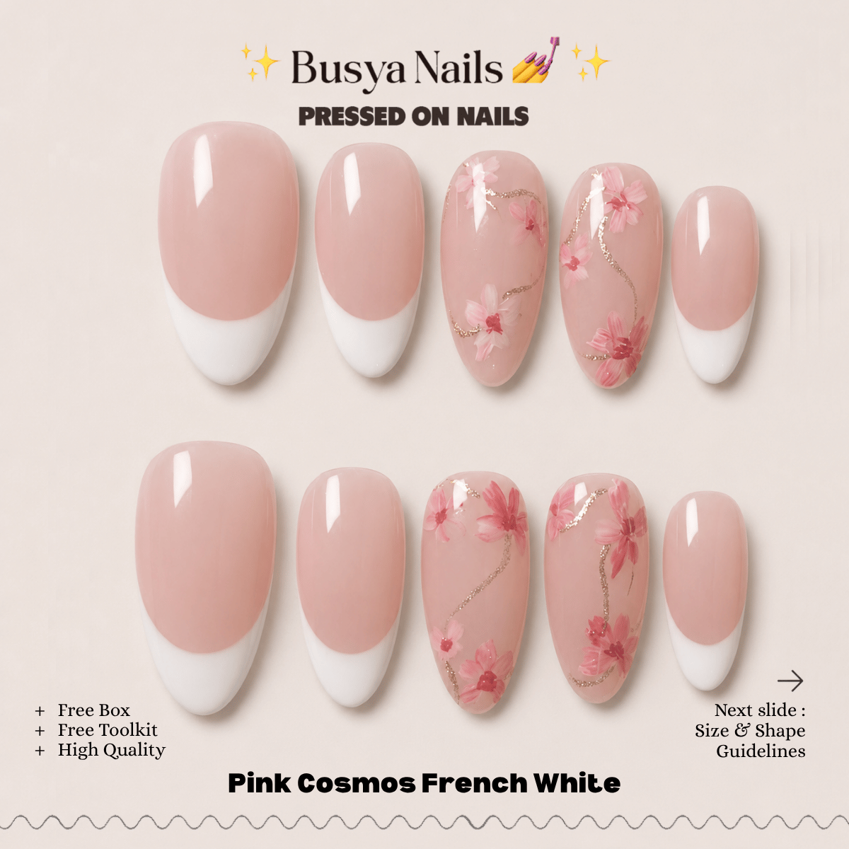 Busya Nails - Pink Cosmos French White Pressed On Nails Kuku Palsu Free Tools