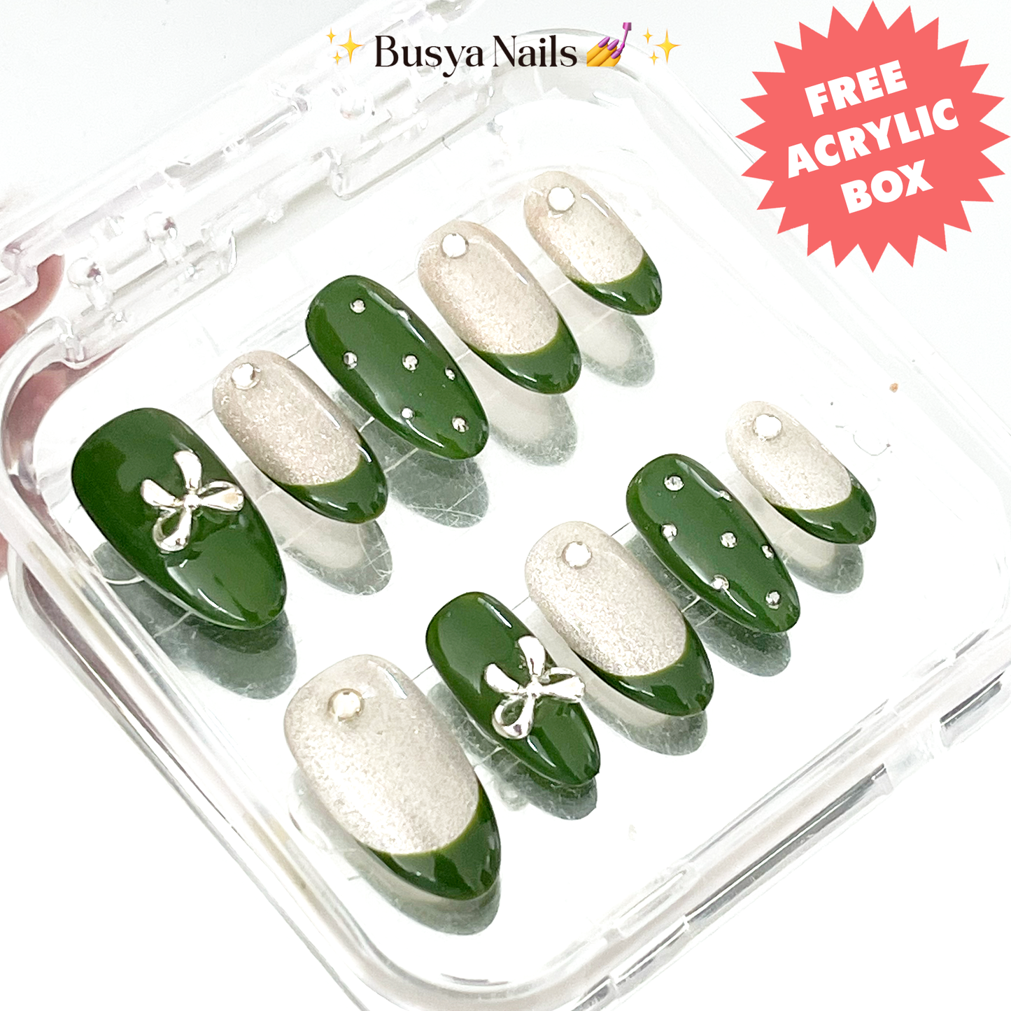 Busya Nails - Green Bow Cat Eye Silver Nails Pressed On Nails Putih Nude Kuku Palsu