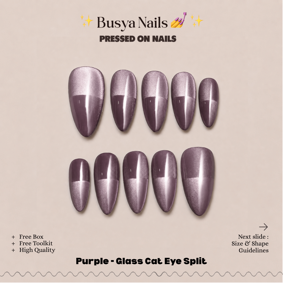 Busya Nails - Purple - Glass Cat Eye Split Pressed On Nails Kuku Palsu Free Tools