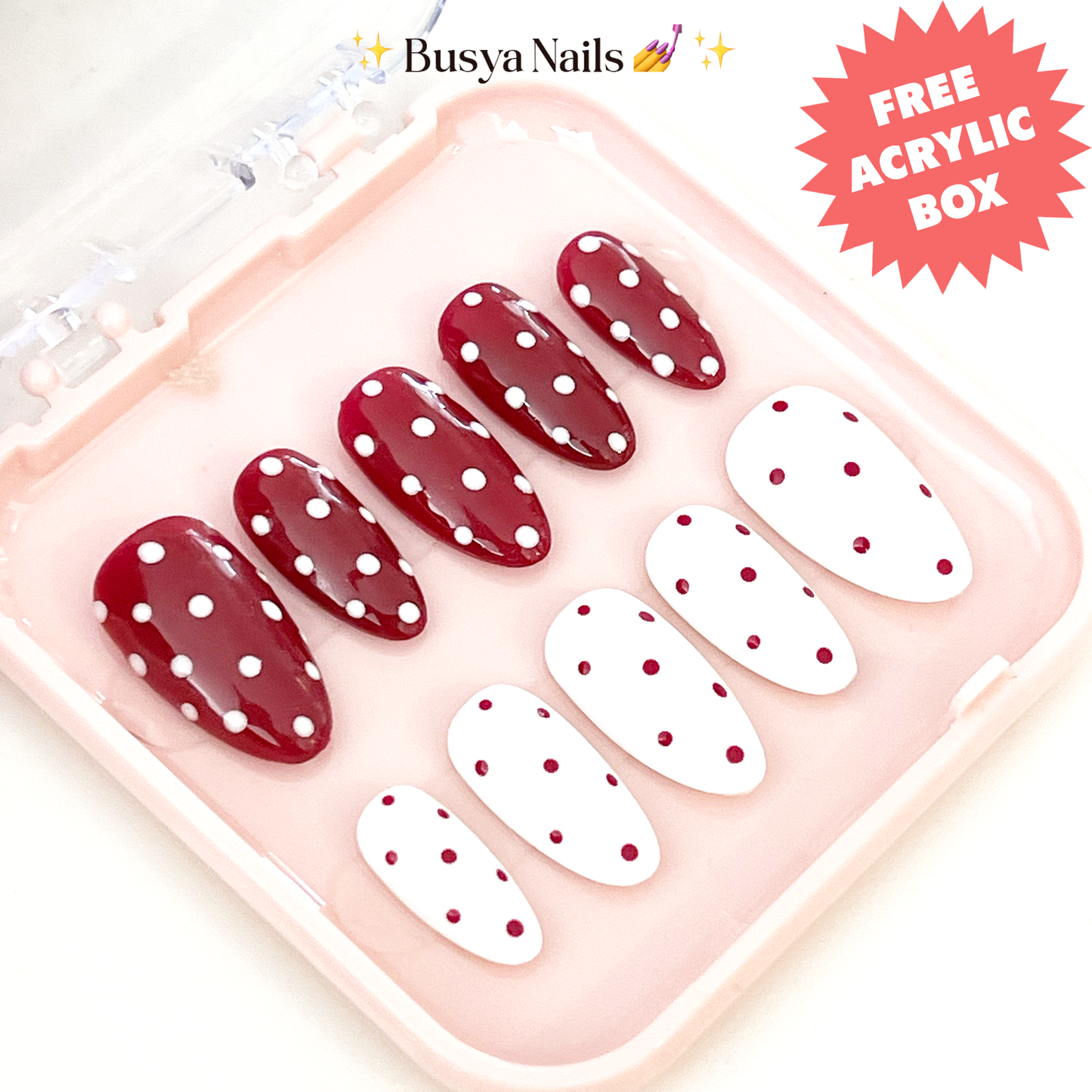 Busya Nails - White Maroon Alter Polka Dots Pressed On Nails Gel Free Toolkit Kuku Palsu