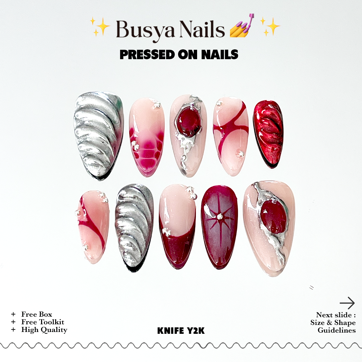 Busya Nails - Knife Y2K Metal Red Silver Pressed On Nails Gel Free Toolkit Kuku Palsu