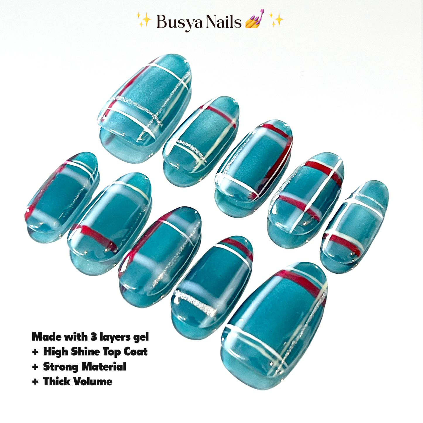 Busya Nails - Blue Cat Eye Plaid Flannel Holiday Pressed On Nails Kuku Palsu Free Toolkit