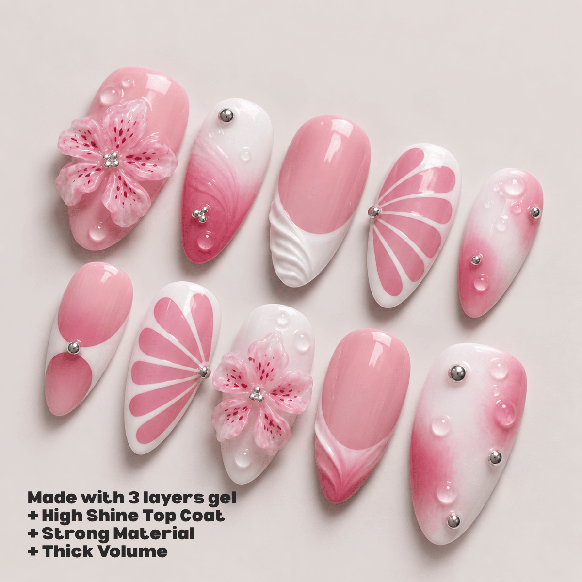 Busya Nails - Pink White Floral Dews  Pressed On Nails Kuku Palsu Free Tools