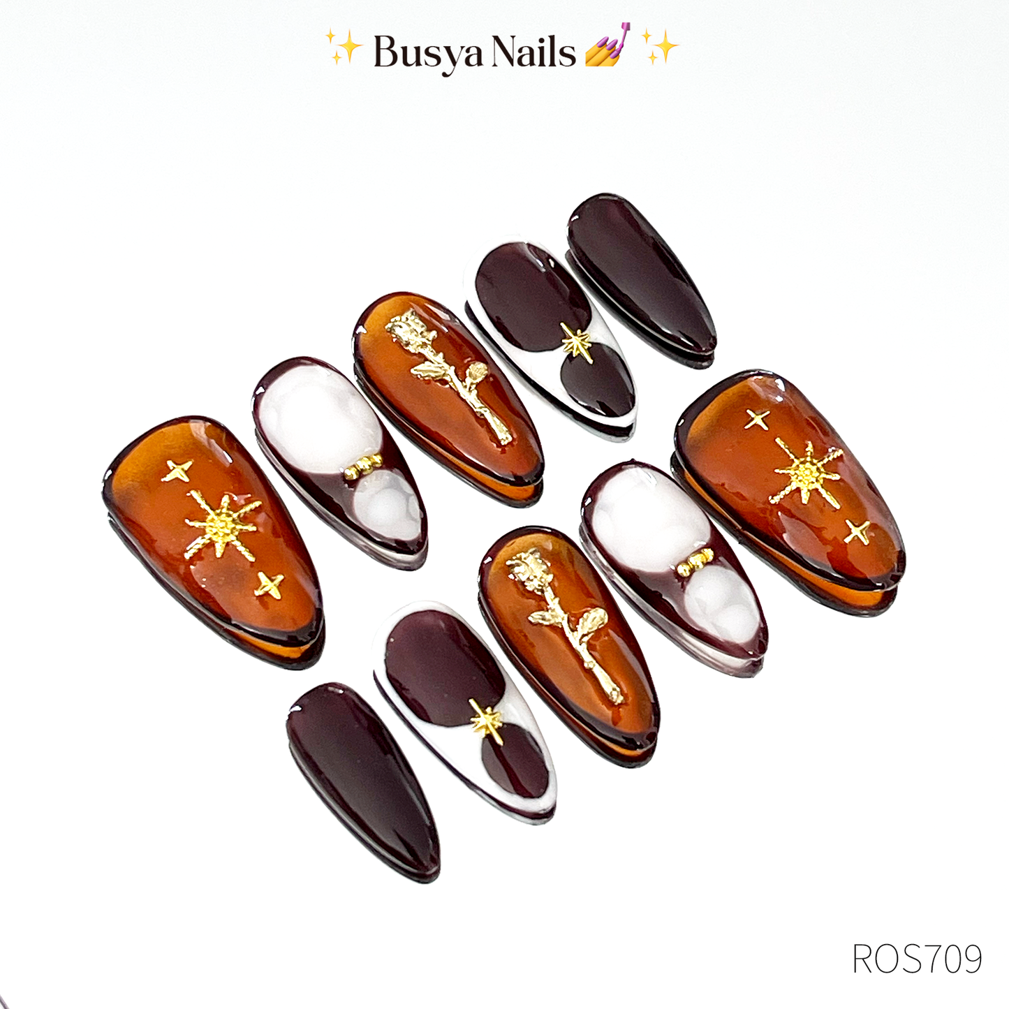 Busya Nails - Rosalia Y2K Tortoise Gold Rose Charm Pressed On Nails Gel Free Toolkit