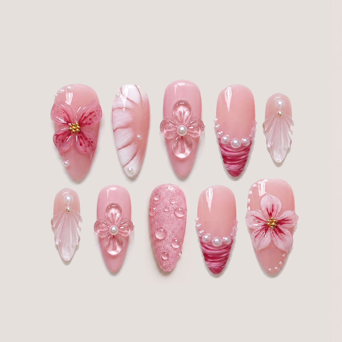Busya Nails - Pink Beach Summer 2 3D Pressed On Nails Kuku Palsu Free Tools