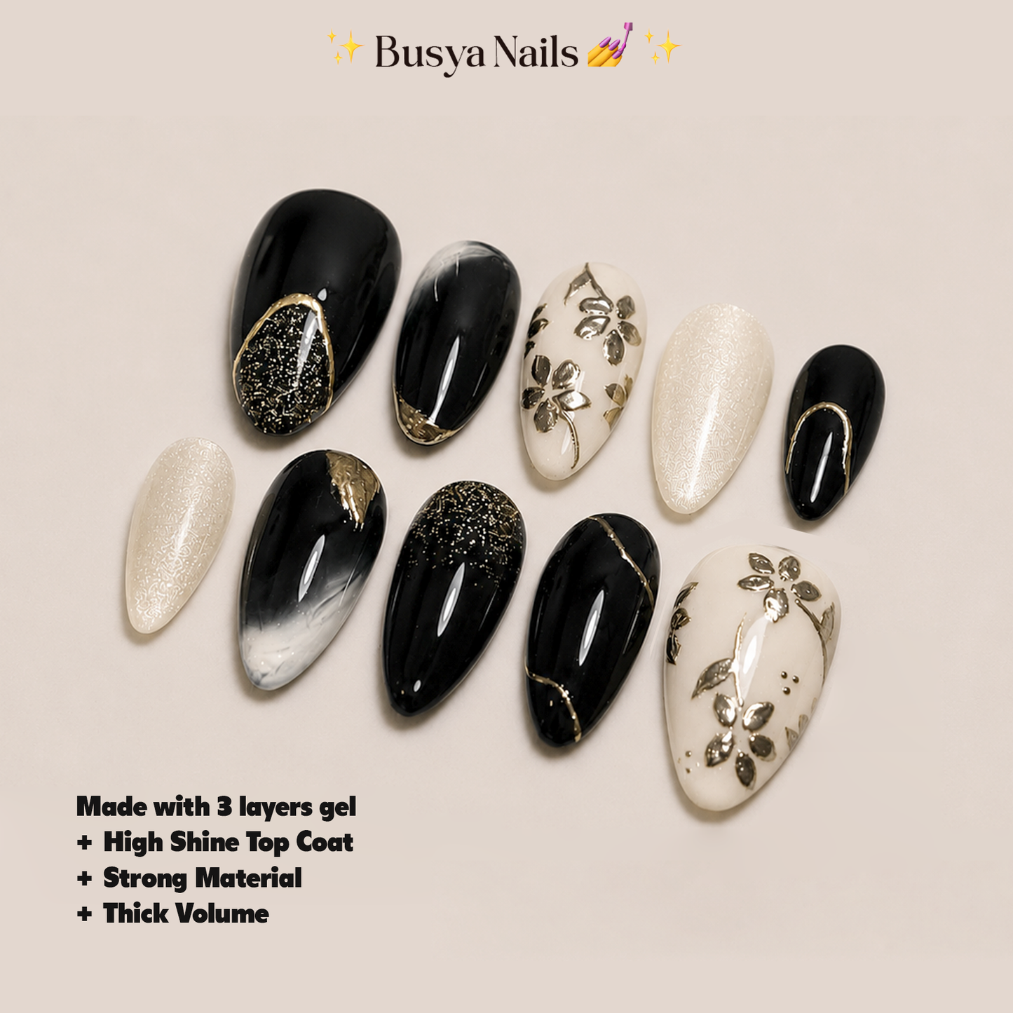 Busya Nails - Ikigai Dark Black Pressed On Nails Kuku Palsu Free Tools