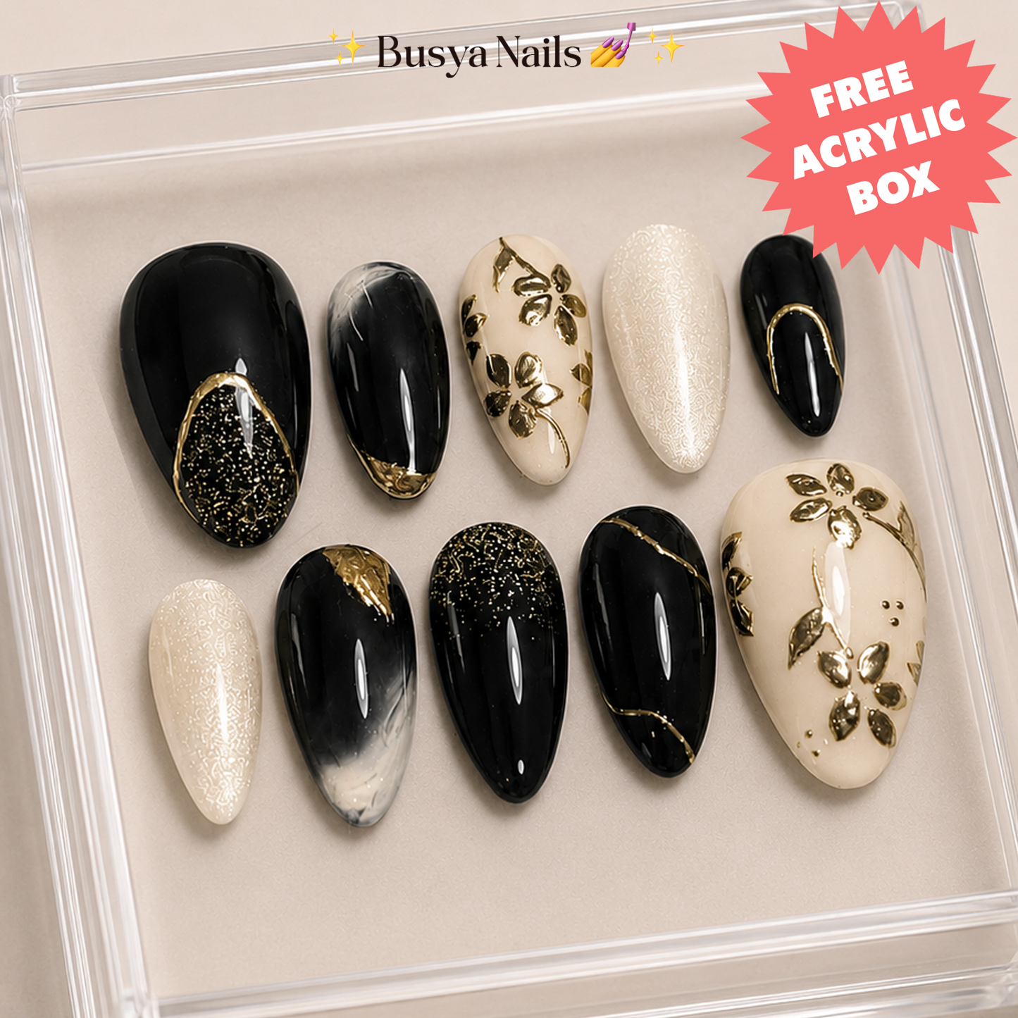 Busya Nails - Ikigai Dark Black Pressed On Nails Kuku Palsu Free Tools