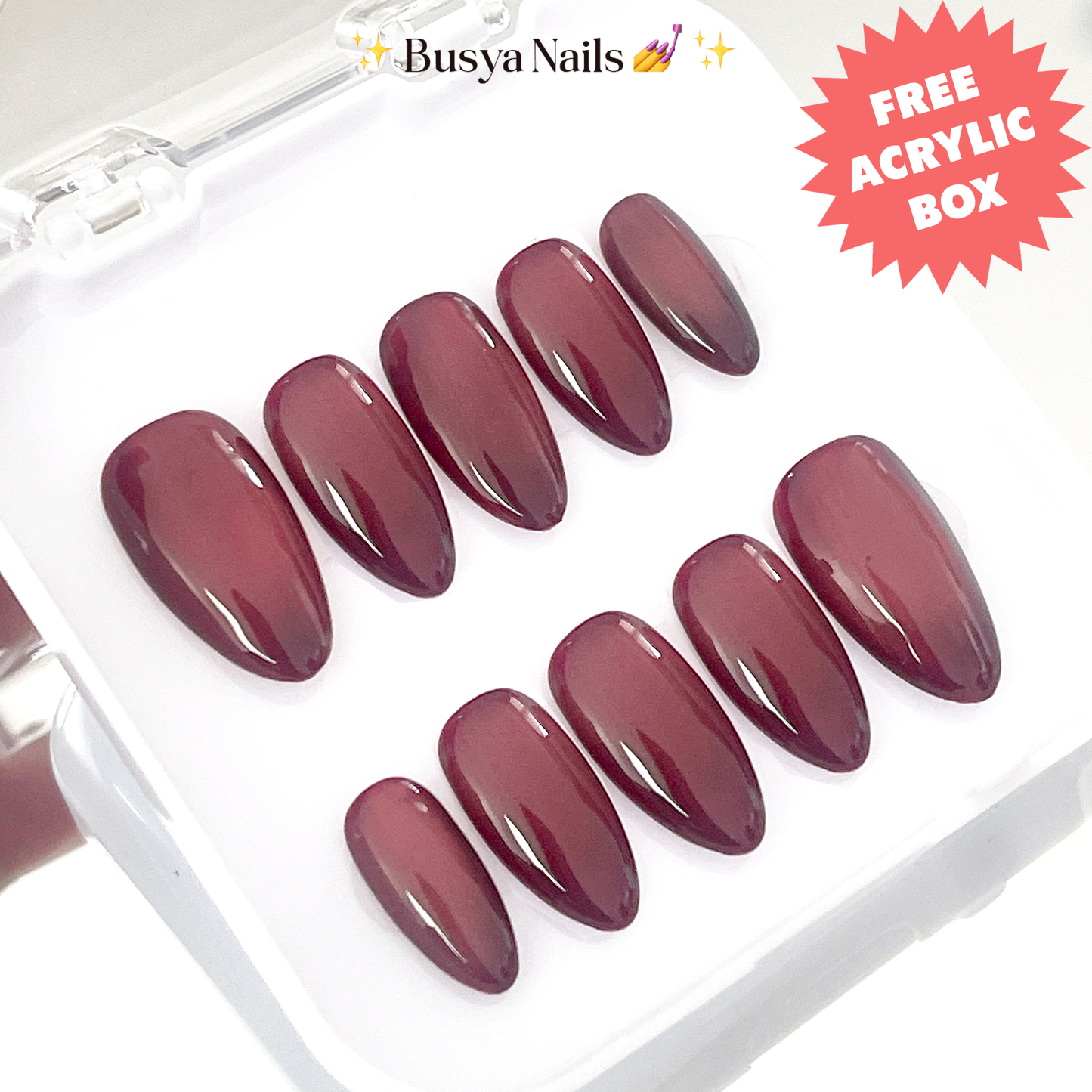 Busya Nails - Maroon Cat Eye W3 Pressed On Nails Kuku Palsu Free Lem Tools