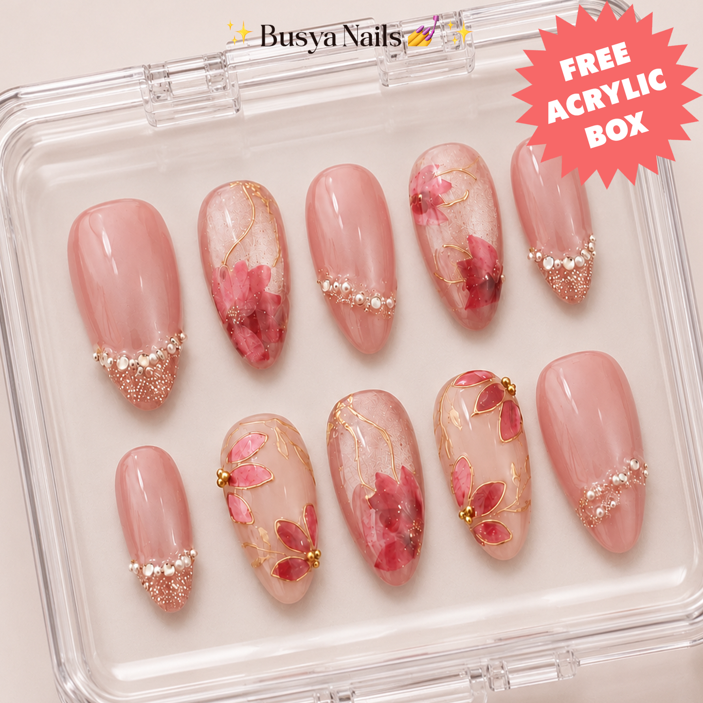 Busya Nails - Pink Wedding Red Flower Pressed On Nails Kuku Palsu Free Tools