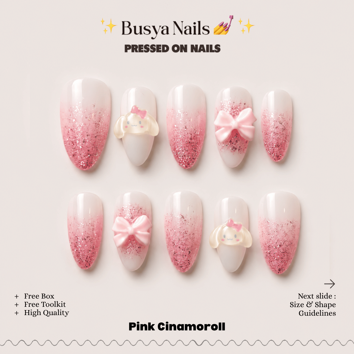 Busya Nails - Pink Cinamoroll Pressed On Nails Kuku Palsu Free Tools