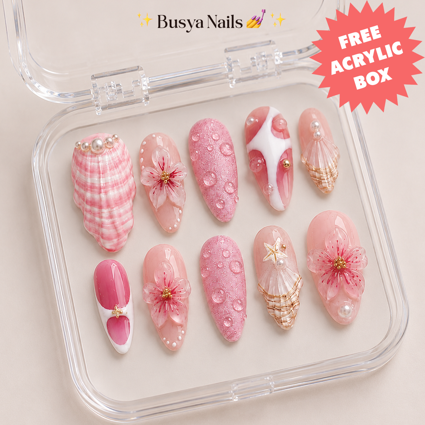 Salin Busya Nails - Pink Beach Summer 3D Pressed On Nails Kuku Palsu Free Tools