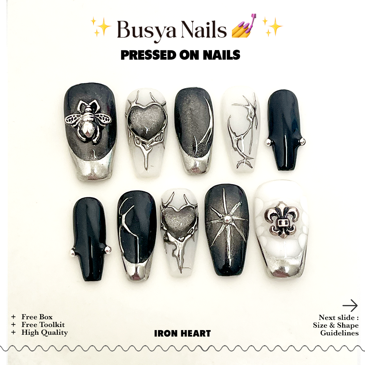Busya Nails - Iron Heart Y2K Gothic Pressed On Nails Gel Free Toolkit Kuku Palsu
