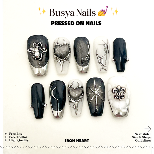 Busya Nails - Iron Heart Y2K Gothic Pressed On Nails Gel Free Toolkit Kuku Palsu